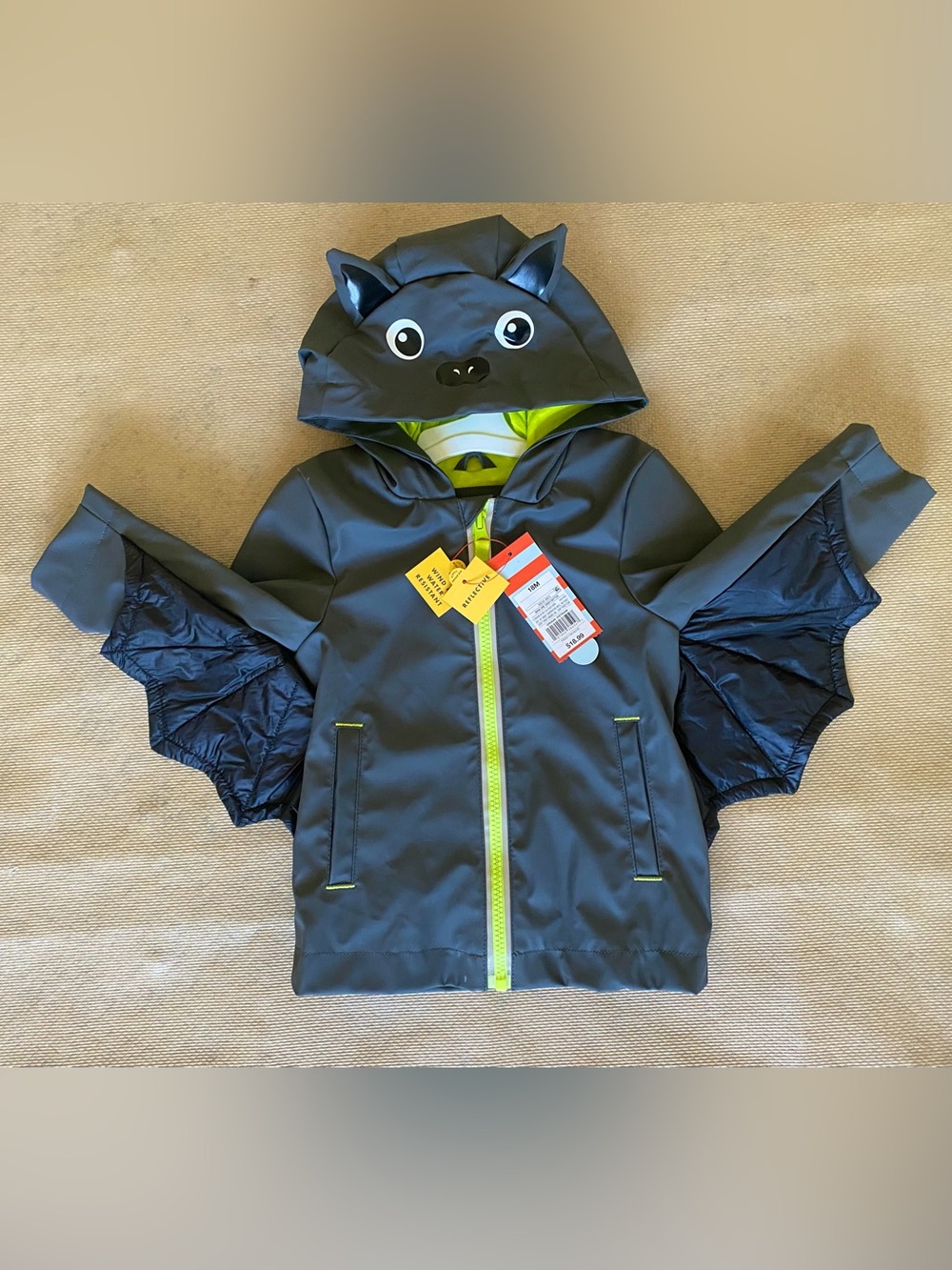 Kids Bat Costume Hooded Jacket - Dark Gray with Lime Zipper